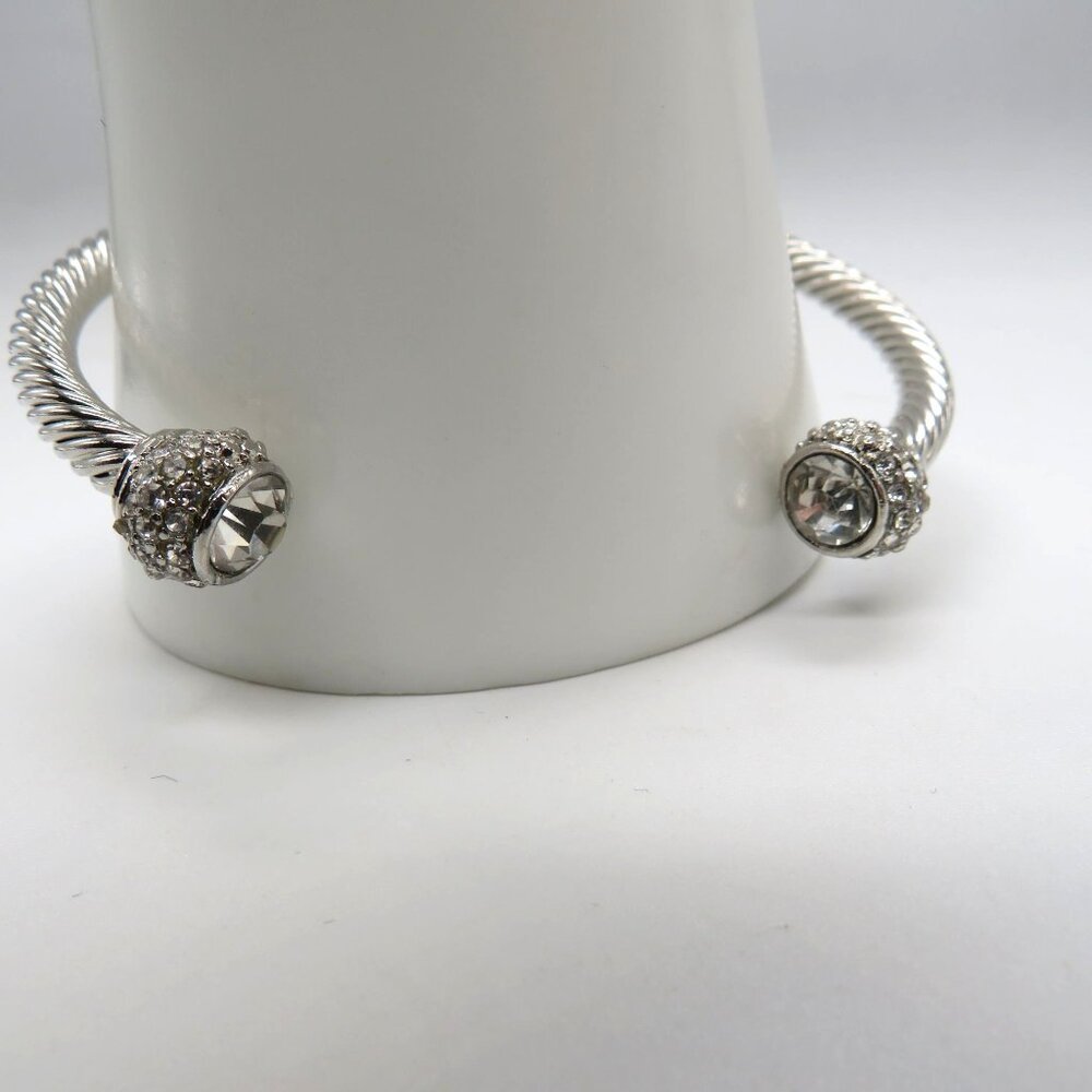Rhinestone Cap Bracelet Silver Tone Twist Cuff Clear Encrusted‎